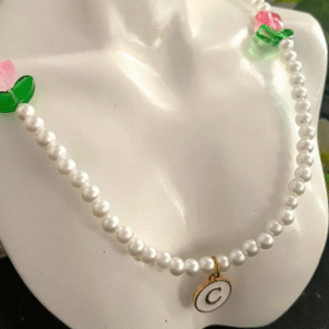 Custom Necklace with the letter “C “and pink tulips